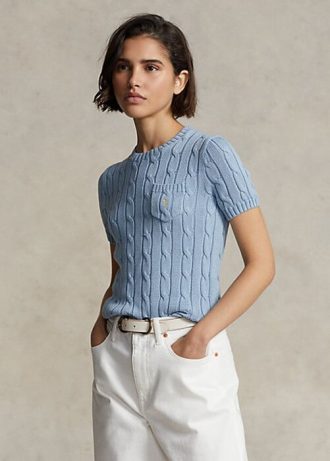 AZURE Ralph Lauren kabelstickad bomullströja med kort ärm, dam