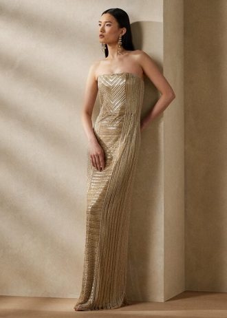 Beige dam Ralph Lauren Collingwood utsmyckad aftonklänning