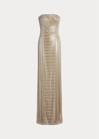 Beige dam Ralph Lauren Collingwood utsmyckad aftonklänning