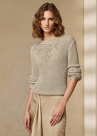 Beige dam Ralph Lauren utsmyckade sidentröjor med rullhals