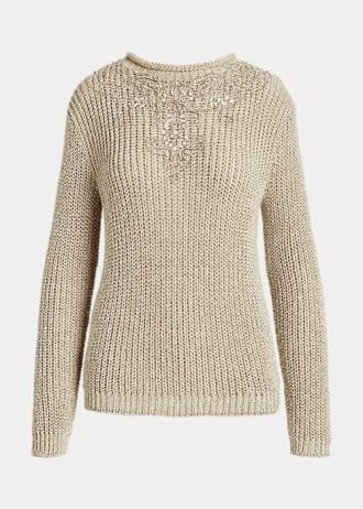 Beige dam Ralph Lauren utsmyckade sidentröjor med rullhals