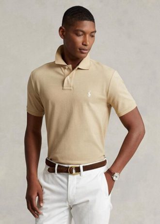 Beige Ralph Lauren Custom Slim Fit Mesh pikétröjor för män