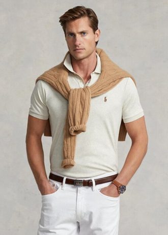 Beige Ralph Lauren Custom Slim Fit Pikétröjor i mjuk bomull för män