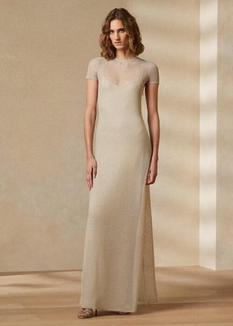 Beige Ralph Lauren Mesh Kortärmad aftonklänning för kvinnor