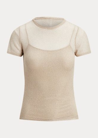 Beige Ralph Lauren Mesh kortärmade tröjor för kvinnor