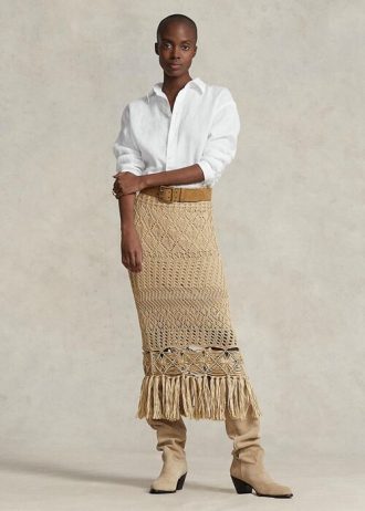 Beige Ralph Lauren Pointelle-stickade Macrame franskjolar för kvinnor