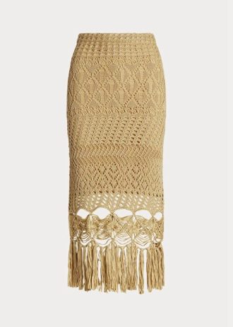 Beige Ralph Lauren Pointelle-stickade Macrame franskjolar för kvinnor