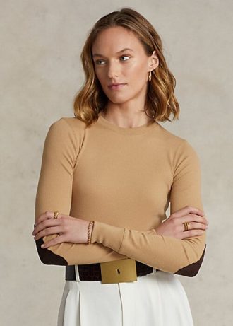 Beige Ralph Lauren Ralph Lauren Ribbed Mocka-Trim långärmade T-shirts