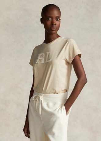 Beige T-shirts från Ralph Lauren Rl-mockaapplikation för kvinnor