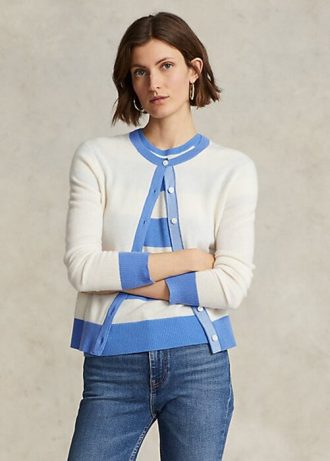 Blå / Cream Ralph Lauren Crest Cashmere Cardigan Sweaters för kvinnor
