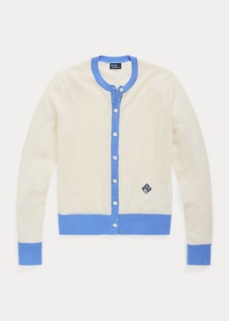 Blå / Cream Ralph Lauren Crest Cashmere Cardigan Sweaters för kvinnor