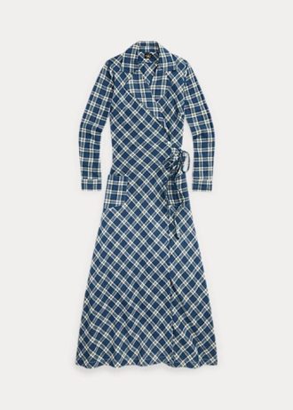Blå dam Ralph Lauren plädad bomull voile omlottklänning
