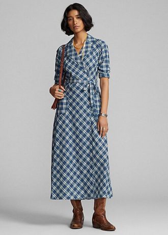 Blå dam Ralph Lauren plädad bomull voile omlottklänning