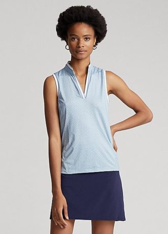 Blå dam Ralph Lauren skräddarsydd passform ärmlösa pikéskjortor