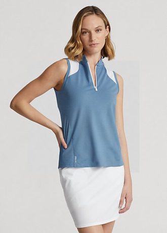 Blå dam Ralph Lauren skräddarsydd passform ärmlösa pikéskjortor
