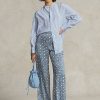 Blå dam Ralph Lauren Starburst-motiv satin byxor med vida ben