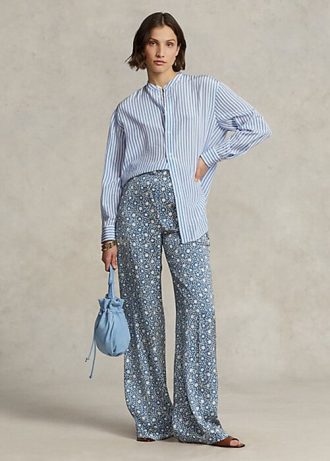 Blå dam Ralph Lauren Starburst-motiv satin byxor med vida ben