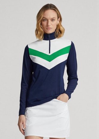 Blå dam Ralph Lauren tröja med Chevron-rand med kvarts dragkedja
