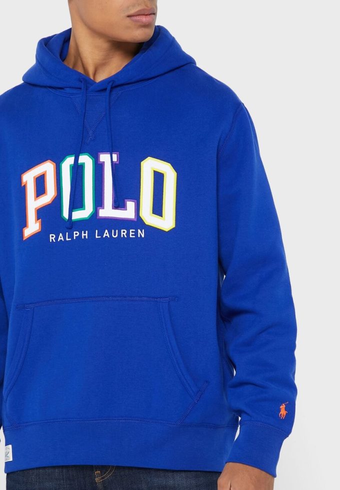Blå luvtröja med Ralph Lauren logotyp för män Blå luvtröja med Ralph Lauren logotyp för män