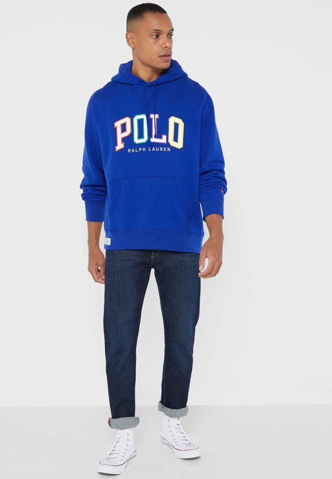 Blå luvtröja med Ralph Lauren logotyp för män Blå luvtröja med Ralph Lauren logotyp för män