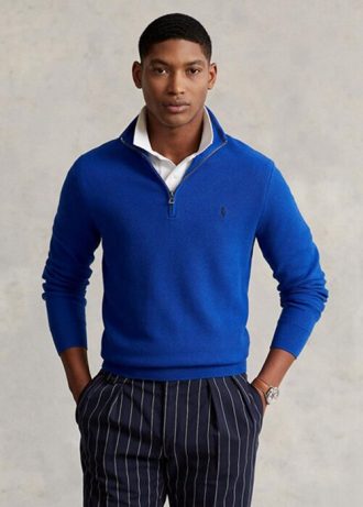 Blå mäns Ralph Lauren Meshstickad bomullströja med kvarts dragkedja