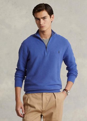 Blå mäns Ralph Lauren Meshstickad bomullströja med kvarts dragkedja