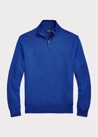 Blå mäns Ralph Lauren Meshstickad bomullströja med kvarts dragkedja