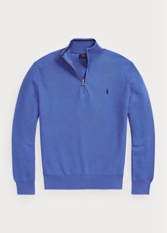 Blå mäns Ralph Lauren Meshstickad bomullströja med kvarts dragkedja