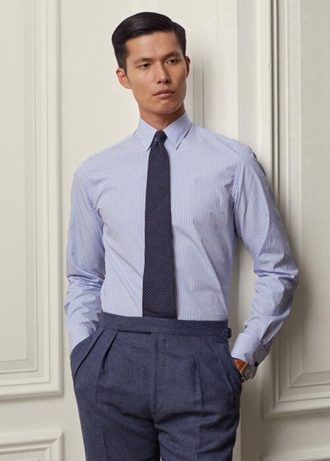 Blå Ralph Lauren Bengal-randig Poplin franska manschett formell skjortor för män