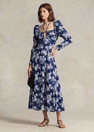 Blå Ralph Lauren blommig bomullsgrimma-klänning för kvinnor