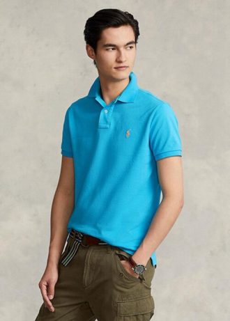 Blå Ralph Lauren Custom Slim Fit Mesh pikétröjor för män