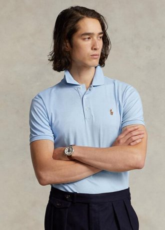 Blå Ralph Lauren Custom Slim Fit Pikétröjor i mjuk bomull för män