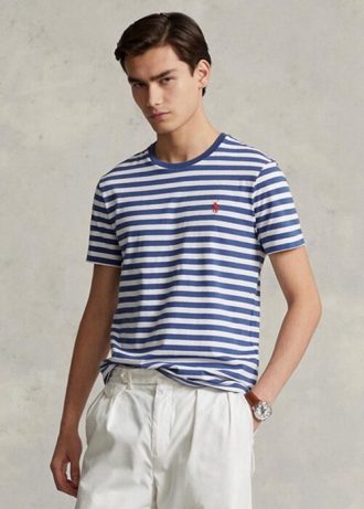 Blå Ralph Lauren Custom Slim Fit Randig T-shirt för män