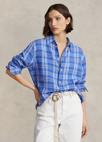 Blå Ralph Lauren Damskjortor i rutig linne med avslappnad passform
