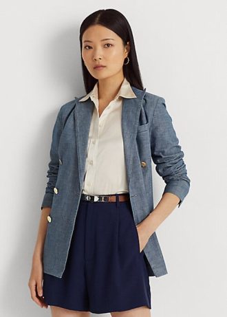 Blå Ralph Lauren dubbelknäppt Chambray blazer för kvinnor