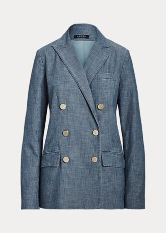 Blå Ralph Lauren dubbelknäppt Chambray blazer för kvinnor