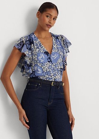 Blå Ralph Lauren Floral Crinkle Georgette-skjortor för kvinnor