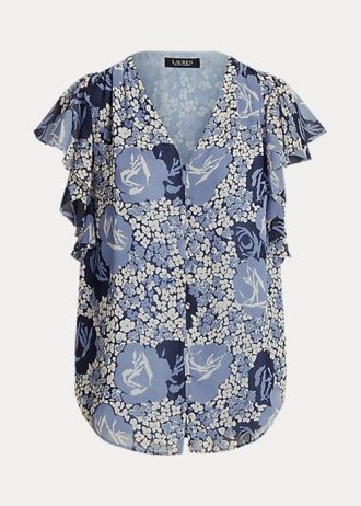 Blå Ralph Lauren Floral Crinkle Georgette-skjortor för kvinnor