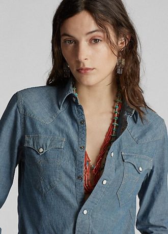 Blå Ralph Lauren Indigo Chambray Westernskjortor för kvinnor