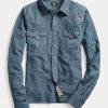 Blå Ralph Lauren Indigo Chambray Westernskjortor för kvinnor Blå Ralph Lauren Indigo Chambray Westernskjortor för kvinnor