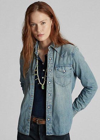 Blå Ralph Lauren Indigo denim västerländska skjortor för kvinnor