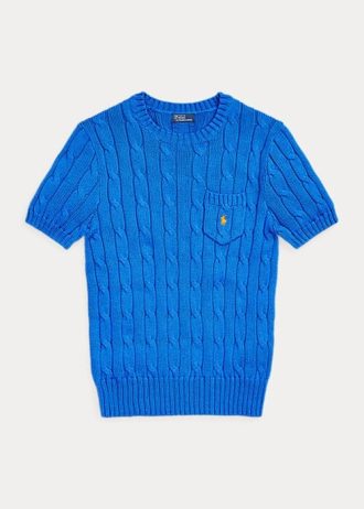 Blå Ralph Lauren kabelstickad bomullströja med kort ärm