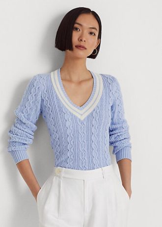 Blå Ralph Lauren kabelstickade crickettröjor för kvinnor