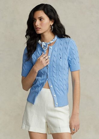 Blå Ralph Lauren kabelstickade kortärmade tröjor för kvinnor Blå Ralph Lauren kabelstickade kortärmade tröjor för kvinnor