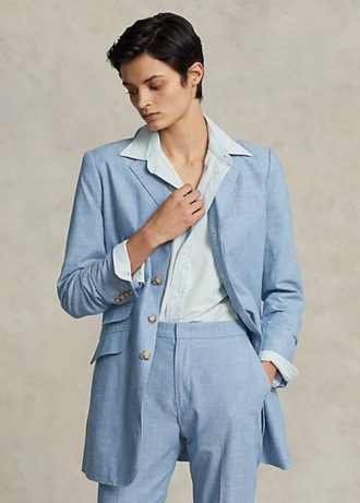Blå Ralph Lauren Long Chambray Cotton Blazers för kvinnor