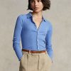 Blå Ralph Lauren Pikétröjor med ribbade knappar framtill för kvinnor Blå Ralph Lauren Pikétröjor med ribbade knappar framtill för kvinnor