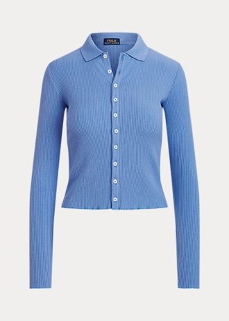 Blå Ralph Lauren Pikétröjor med ribbade knappar framtill för kvinnor
