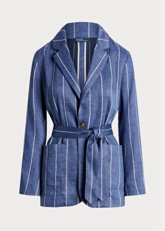 Blå Ralph Lauren randiga kavajer i linne-bomull med bälte för kvinnor