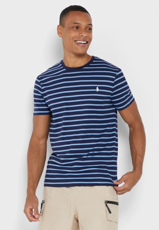 Blå Ralph Lauren randiga T-shirts med rund hals för män Blå Ralph Lauren randiga T-shirts med rund hals för män