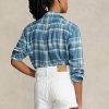 Blå Ralph Lauren Rutiga skjortor i bomullstwill hög-låga damer Blå Ralph Lauren Rutiga skjortor i bomullstwill hög-låga damer
